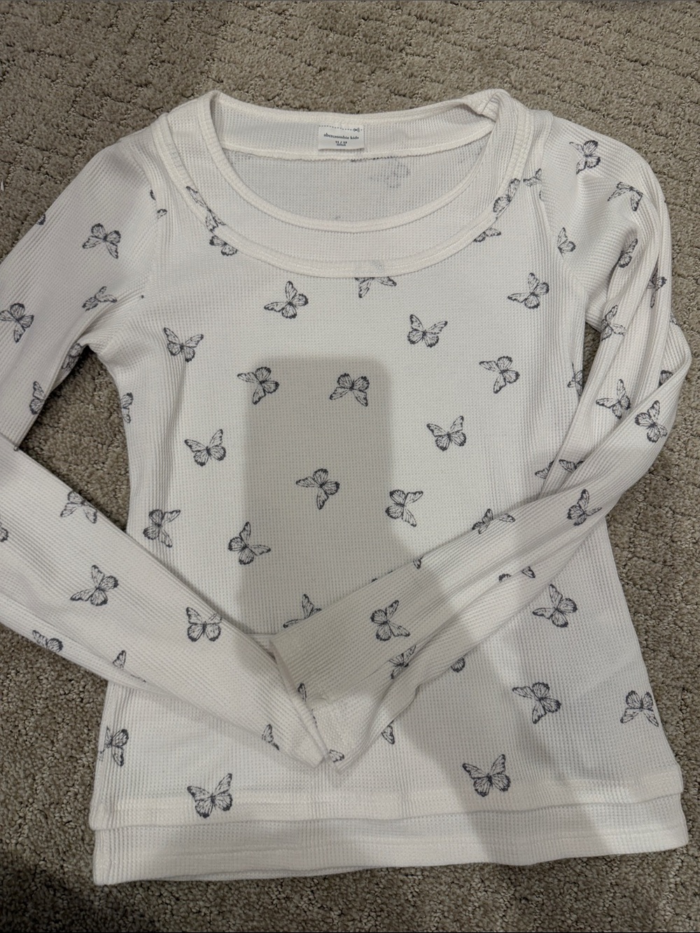 abercrombie kids White Long Sleeve Thermal Top with Black Butterfly Print